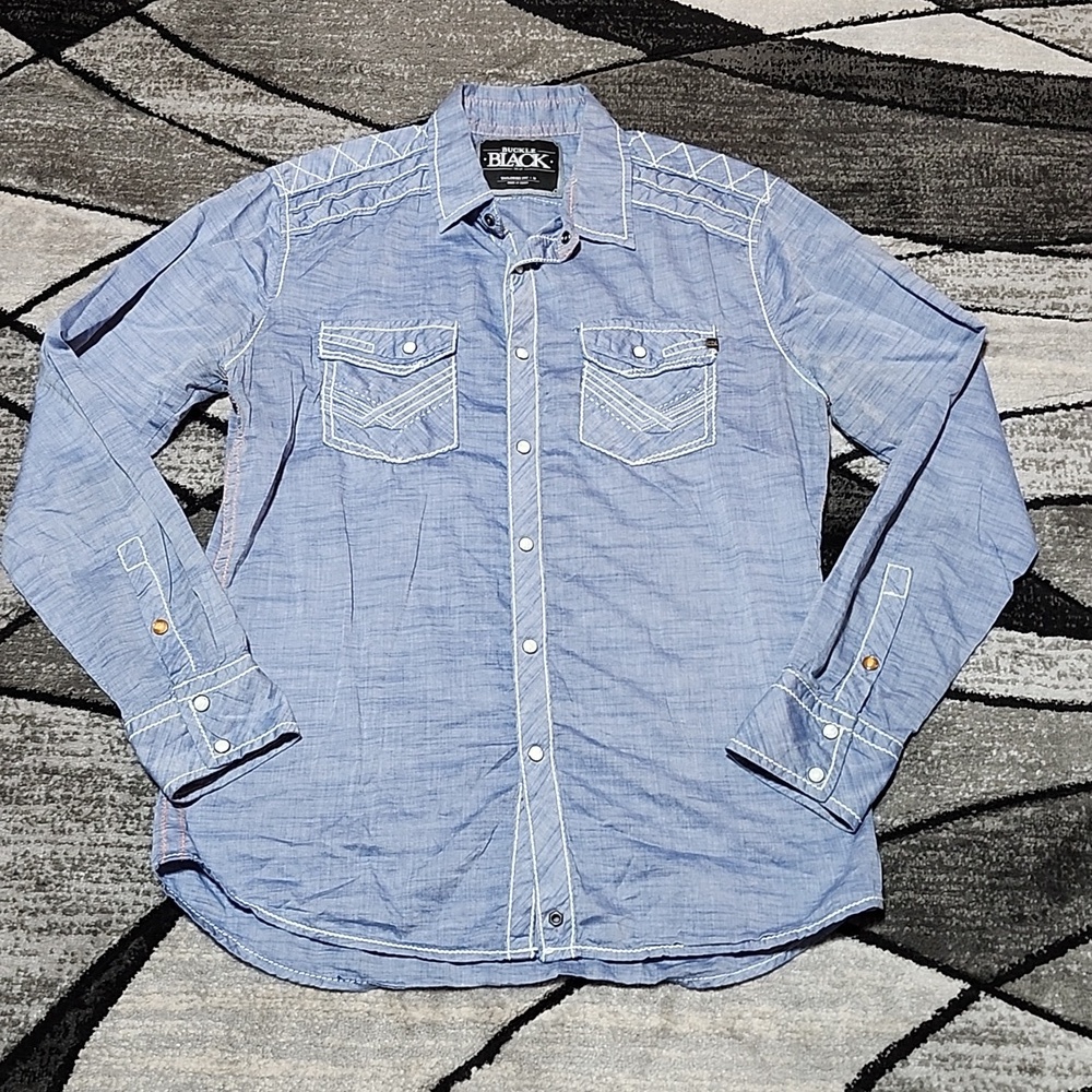 BUCKLE BLACK NO. 48 TAILORED FIT PEARL WHITE SNAP-BUTTON LONG-SLEEVED SHIRT M